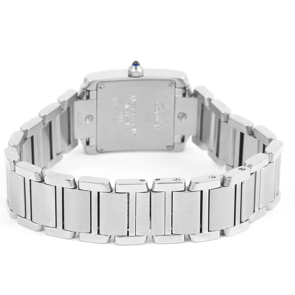 This image shows the back case and bracelet of the Cartier Tank Francaise W51008Q3 Women's Stainless Steel Silver Dial W51008Q3 Women's Stainless Steel Silver Dial watch.