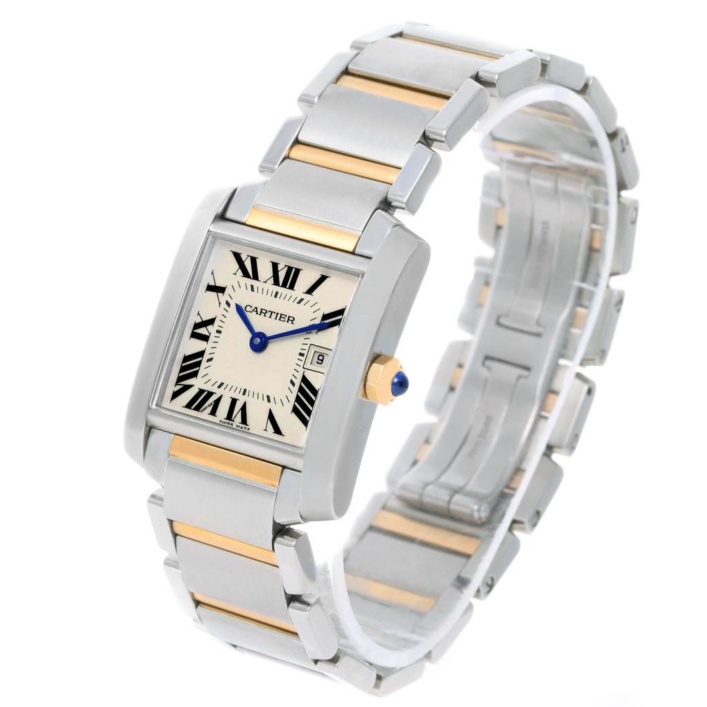 The Cartier Tank Francaise W51012Q4 Women's Steel and Gold (two tone) Silver Dial W51012Q4 Women's Steel and Gold (two tone) Silver Dial watch is shown at a three-quarter angle, highlighting the face, two-tone band, and crown.
