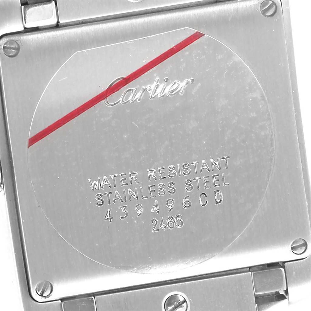 This image shows the case back of the Cartier Tank Francaise W51012Q4 Women's Steel and Gold (two tone) Silver Dial W51012Q4 Women's Steel and Gold (two tone) Silver Dial watch, highlighting its water resistance and stainless steel construction.