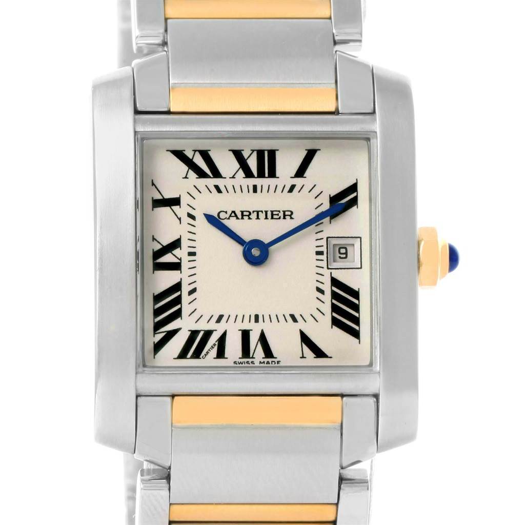 This image shows a front angle of the Cartier Tank Francaise W51012Q4 Women's Steel and Gold (two tone) Silver Dial W51012Q4 Women's Steel and Gold (two tone) Silver Dial watch, highlighting its bezel, dial, crown, and part of the bracelet.