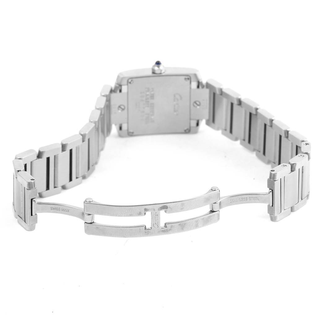 This is a view of the back and open clasp of the Cartier Tank Francaise W51008Q3 Women's Stainless Steel Silver Dial W51008Q3 Women's Stainless Steel Silver Dial model watch.
