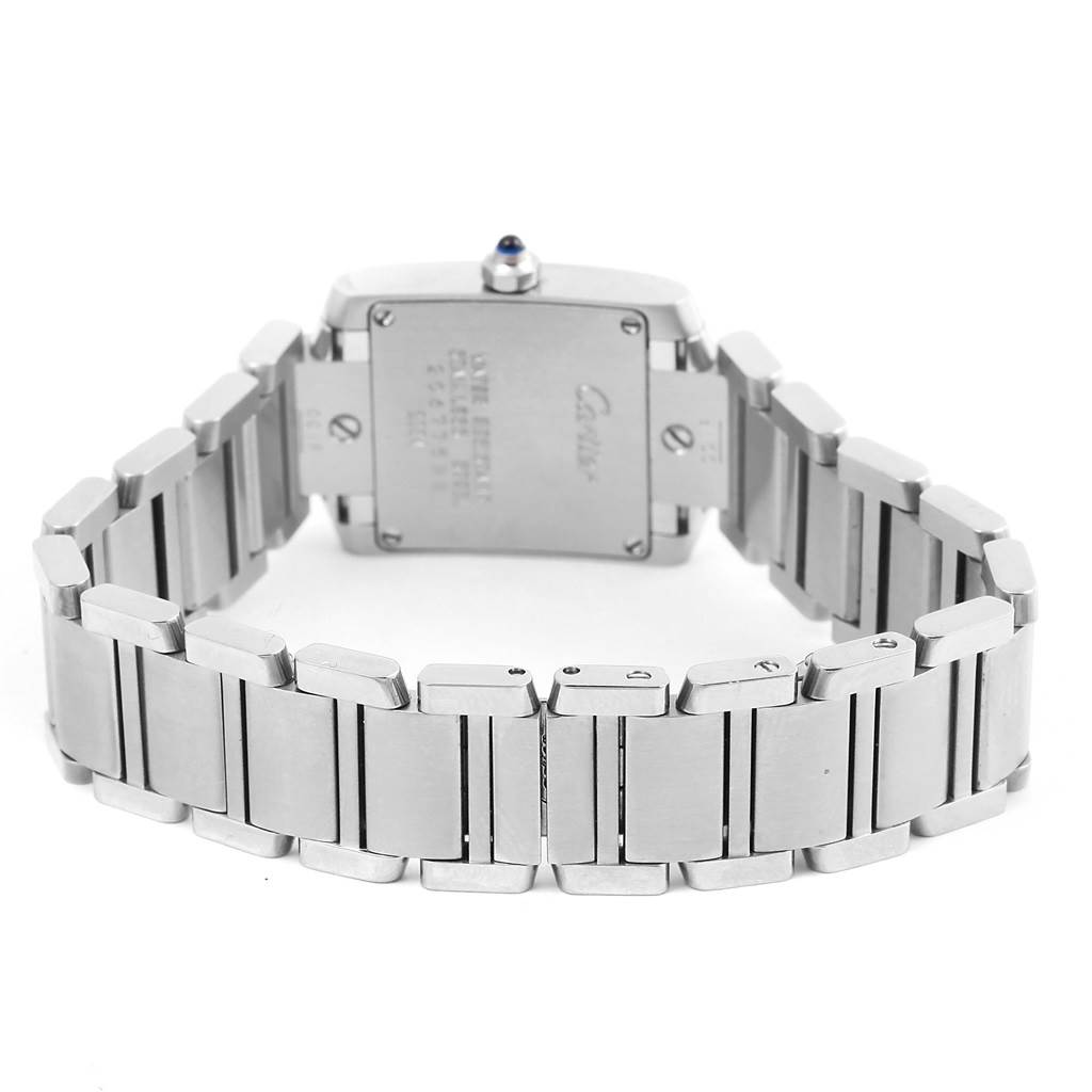 This image shows the back view of the Cartier Tank Francaise W51008Q3 Women's Stainless Steel Silver Dial W51008Q3 Women's Stainless Steel Silver Dial watch, specifically highlighting its clasp and stainless steel bracelet.