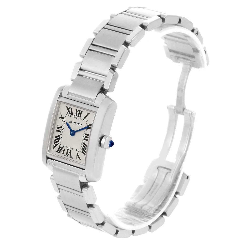 The Cartier Tank Francaise W51008Q3 Women's Stainless Steel Silver Dial W51008Q3 Women's Stainless Steel Silver Dial watch is shown from a side angle highlighting the bracelet and rectangular case.