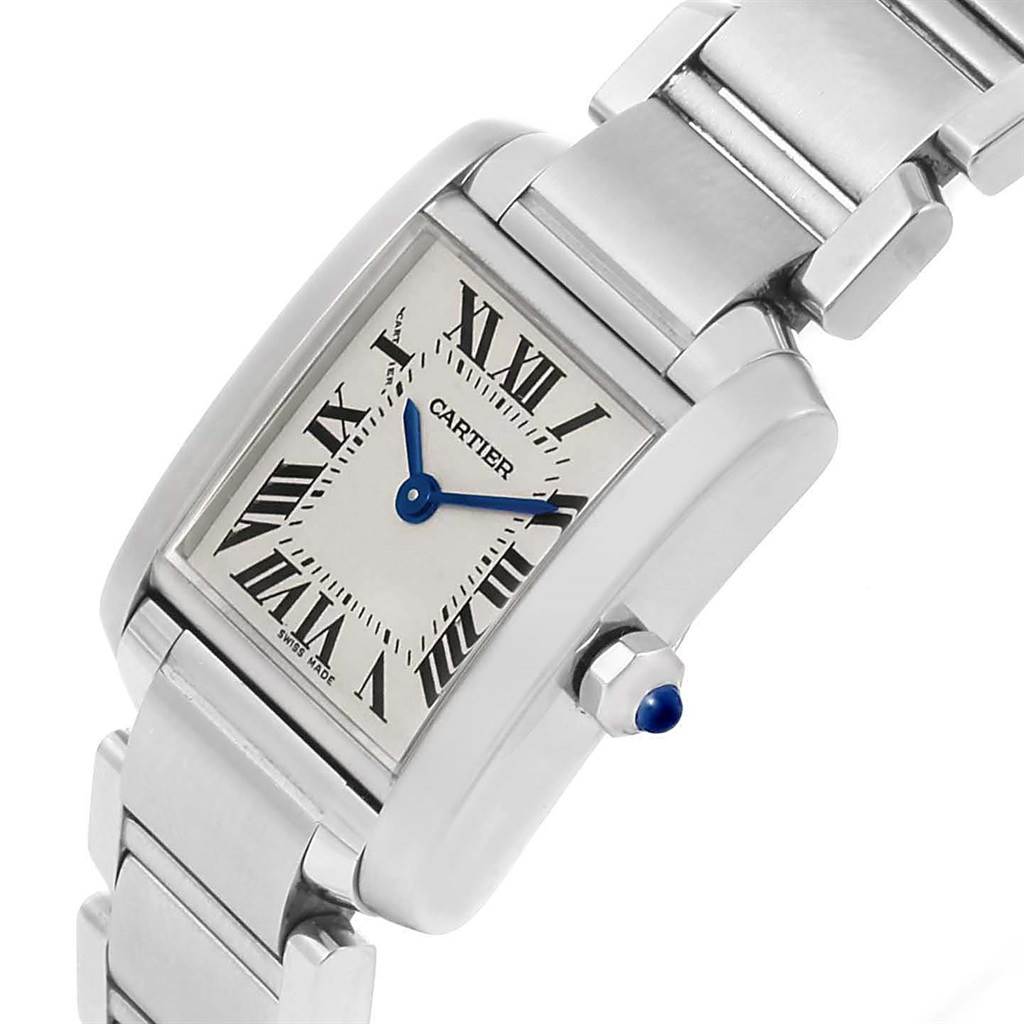 The image shows a close-up angled view of the Cartier Tank Francaise W51008Q3 Women's Stainless Steel Silver Dial W51008Q3 Women's Stainless Steel Silver Dial watch, highlighting its face, dial, and part of the bracelet.
