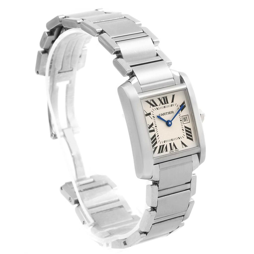 The image shows a Cartier Tank Francaise W51011Q3 Women's Stainless Steel Silver Dial W51011Q3 Women's Stainless Steel Silver Dial watch at a three-quarter angle, highlighting the face, bracelet, and clasp.