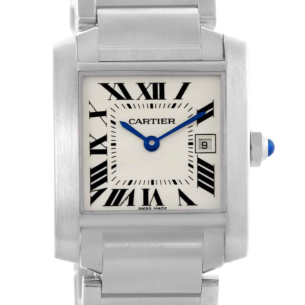 This is a frontal view of the Cartier Tank Francaise W51011Q3 Women's Stainless Steel Silver Dial W51011Q3 Women's Stainless Steel Silver Dial watch, showing the dial, hands, case, and part of the bracelet.