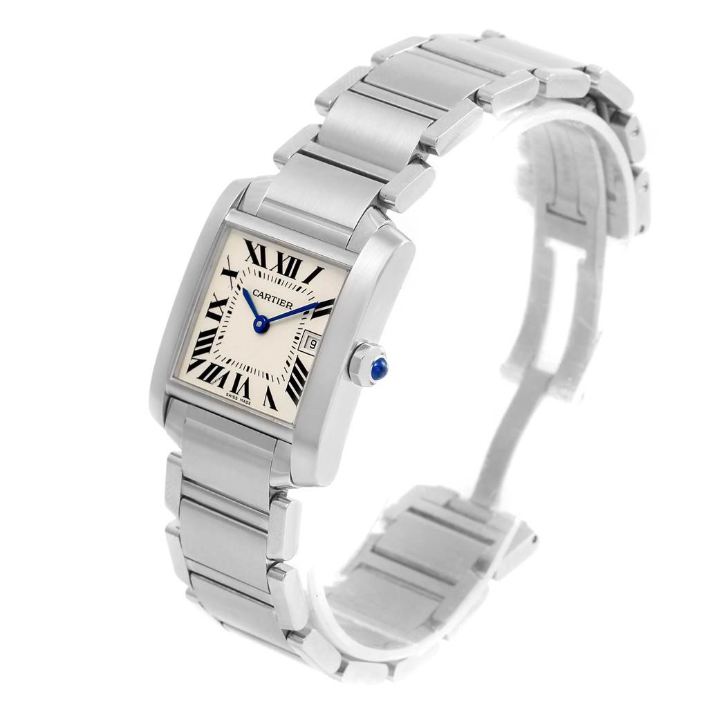 This image shows a Cartier Tank Française watch angled to display the face, band, and side-mounted crown with a blue accent.