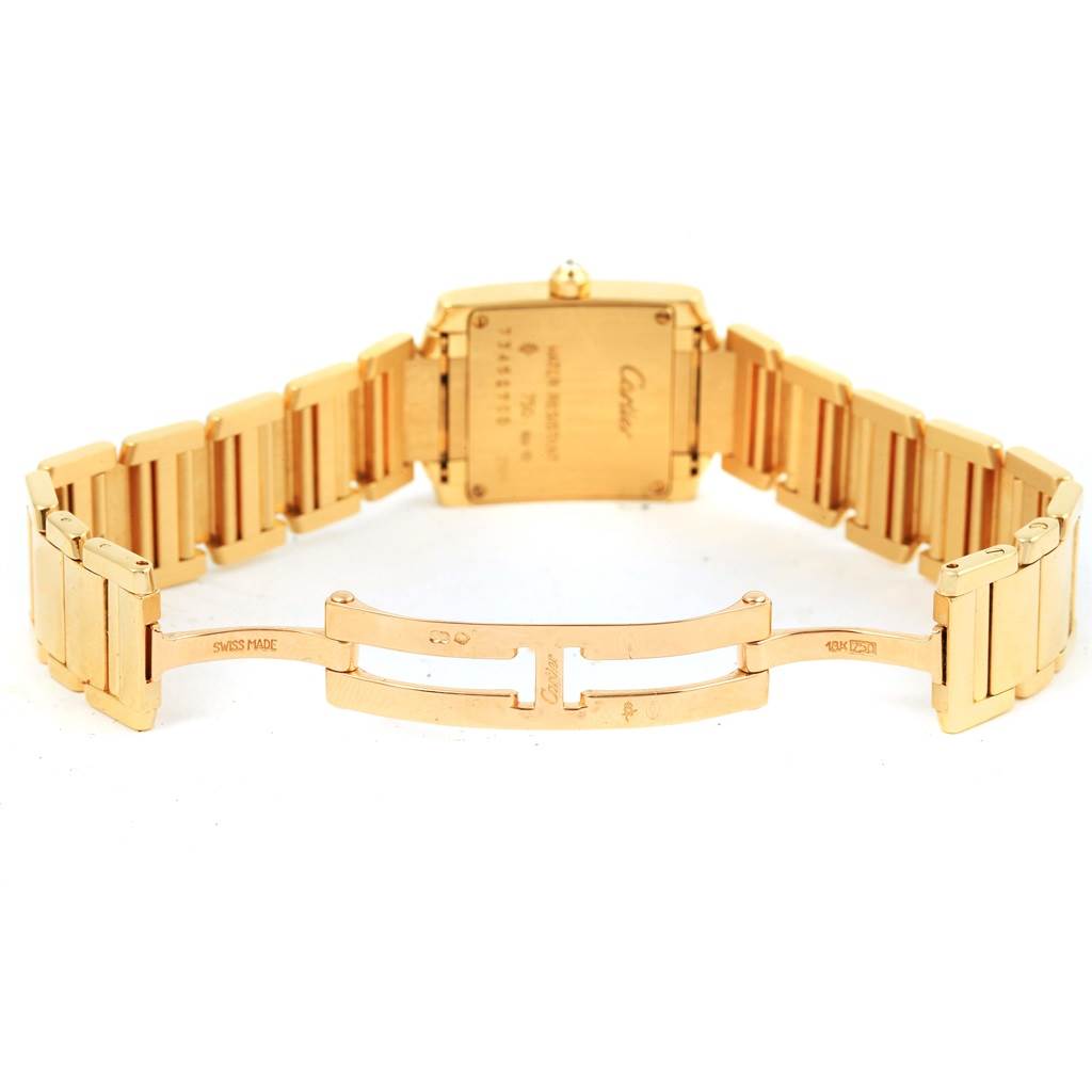 The image shows the back and bracelet clasp of a Cartier Tank Francaise WE1001R8 Women's Yellow Gold Silver Dial WE1001R8 Women's Yellow Gold Silver Dial watch, viewed from a rear angle.