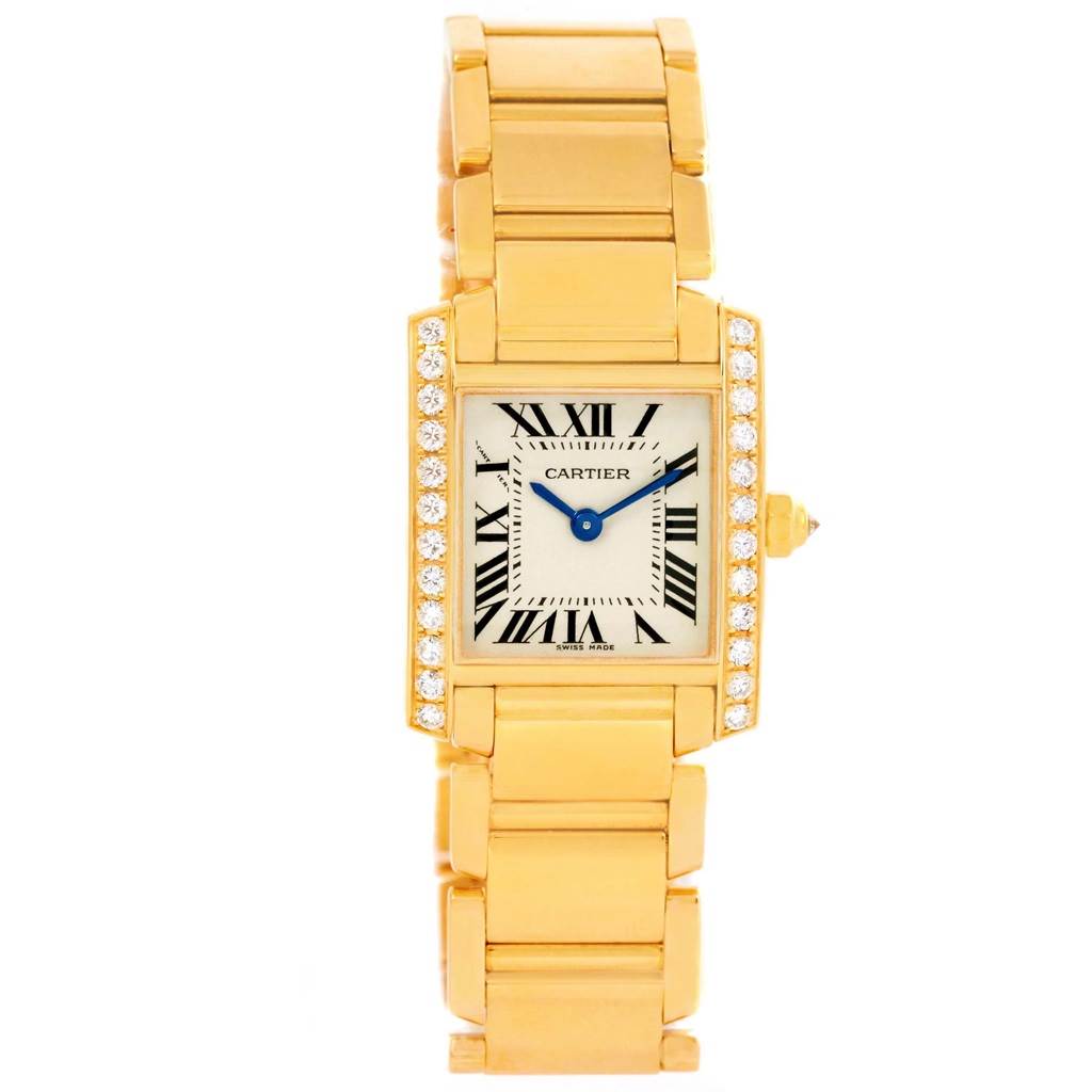 The Cartier Tank Francaise WE1001R8 Women's Yellow Gold Silver Dial WE1001R8 Women's Yellow Gold Silver Dial watch is shown from a top-down angle, displaying the face, dial, and bracelet clearly.