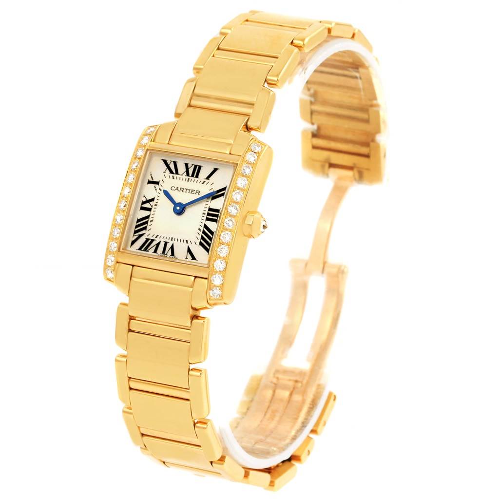 The Cartier Tank Francaise WE1001R8 Women's Yellow Gold Silver Dial WE1001R8 Women's Yellow Gold Silver Dial watch is shown from a front angle highlighting its bracelet, rectangular face, and diamond-set casing.