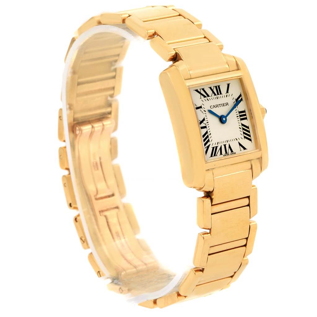 The Tank Française watch by Cartier is shown at a slight front angle, displaying the face, band, and clasp.