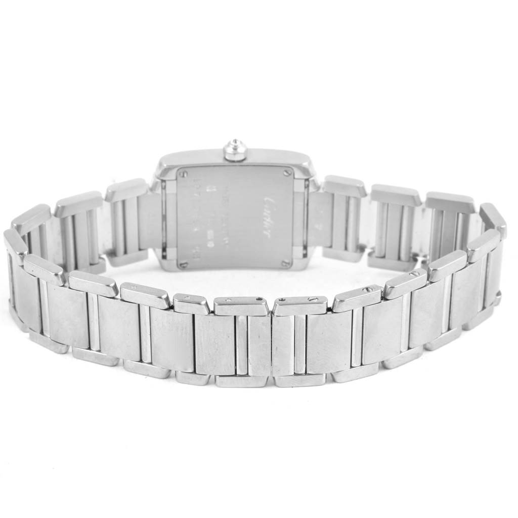 The image shows the back and bracelet of a Cartier Tank Francaise WE1002S3 Women's White Gold Silver Dial WE1002S3 Women's White Gold Silver Dial watch at a slight downward angle.