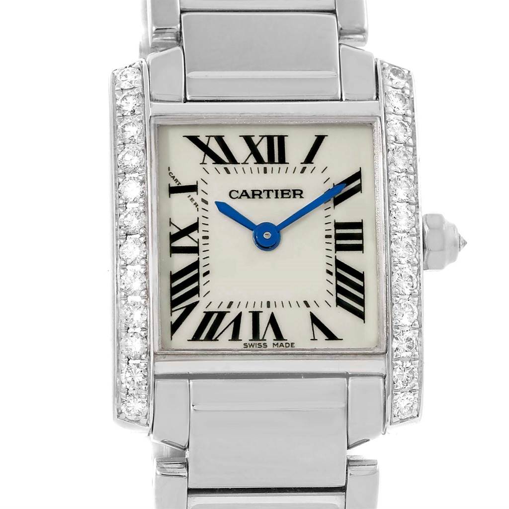 The image shows a frontal view of a Cartier Tank Française watch, highlighting the face, bezel, and part of the bracelet.