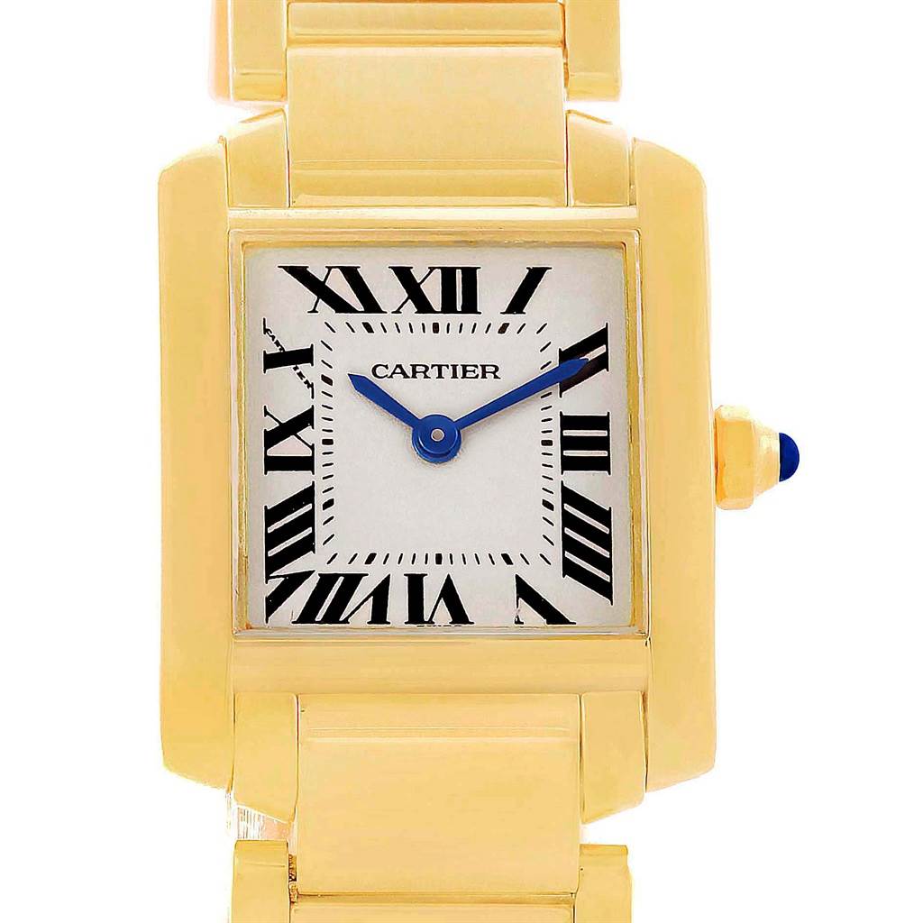 This is a frontal view of the Cartier Tank Française watch, showing its rectangular face, Roman numerals, and metal band.