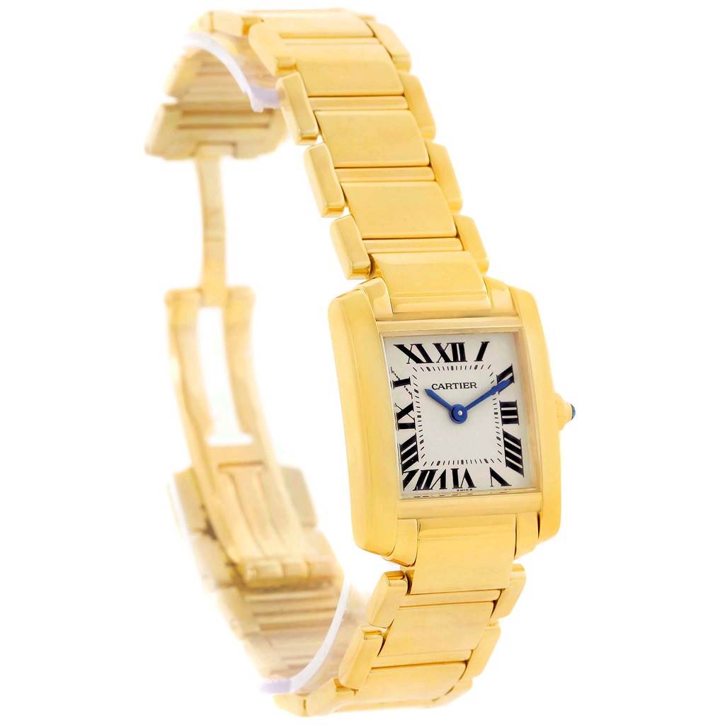 This image shows a Cartier Tank Française watch at an angled view, highlighting its gold bracelet, rectangular dial, and blue hands.