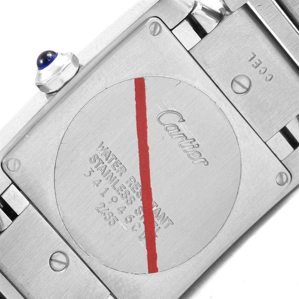 This shows the back case of the Cartier Tank Francaise W51011Q3 Women's Stainless Steel Silver Dial W51011Q3 Women's Stainless Steel Silver Dial watch, including the brand engraving and water resistance information.