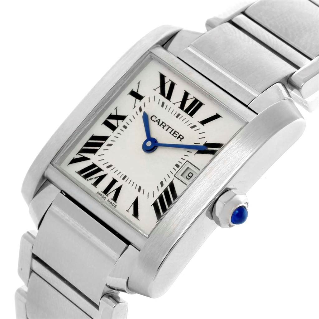 The Cartier Tank Francaise W51011Q3 Women's Stainless Steel Silver Dial W51011Q3 Women's Stainless Steel Silver Dial watch is shown at a slight angle, displaying its face, crown, and part of the metal bracelet.