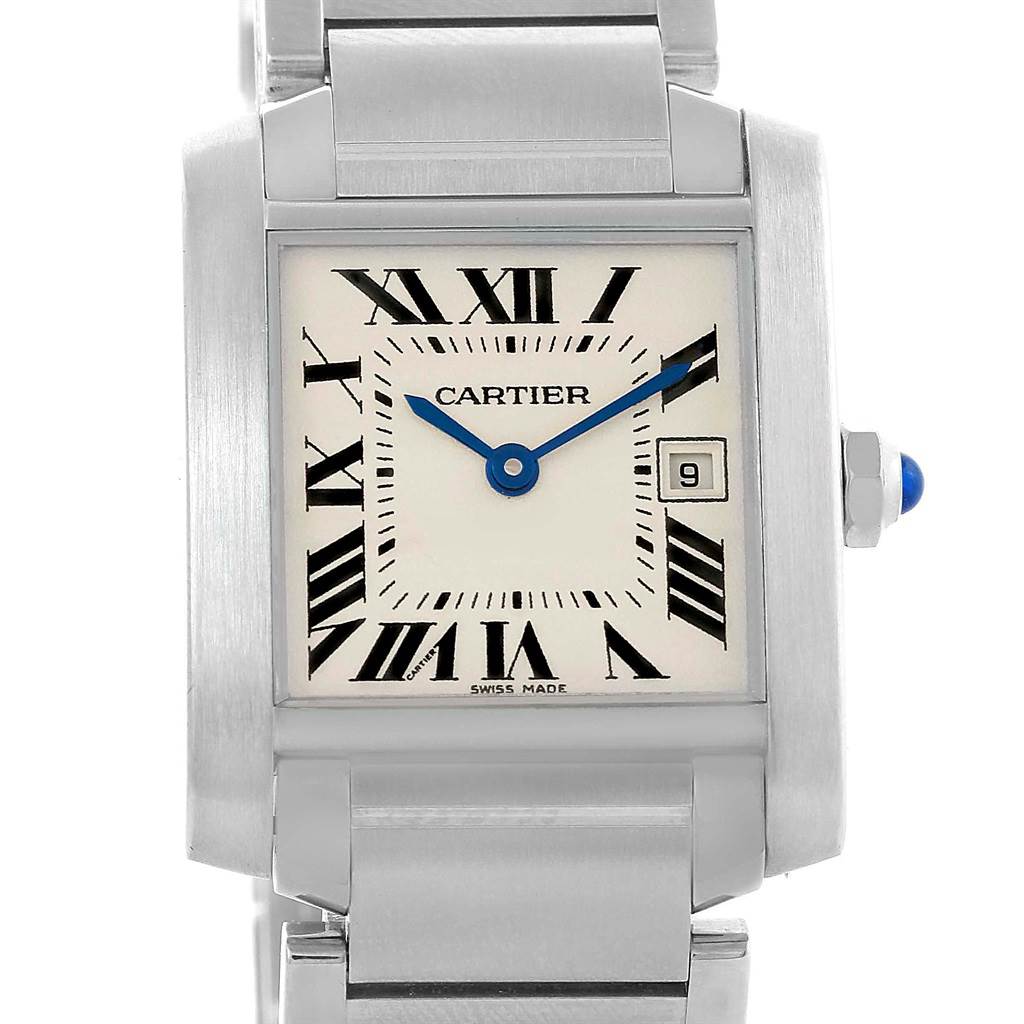 The image shows a front view of a Cartier Tank Française watch, featuring its face, hands, and part of its metal strap.