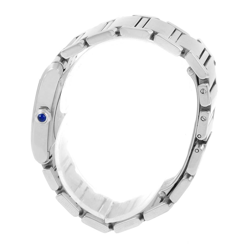 This image shows the side profile and bracelet of the Cartier Tank Francaise W51011Q3 Women's Stainless Steel Silver Dial W51011Q3 Women's Stainless Steel Silver Dial watch, highlighting the blue gemstone on the crown.