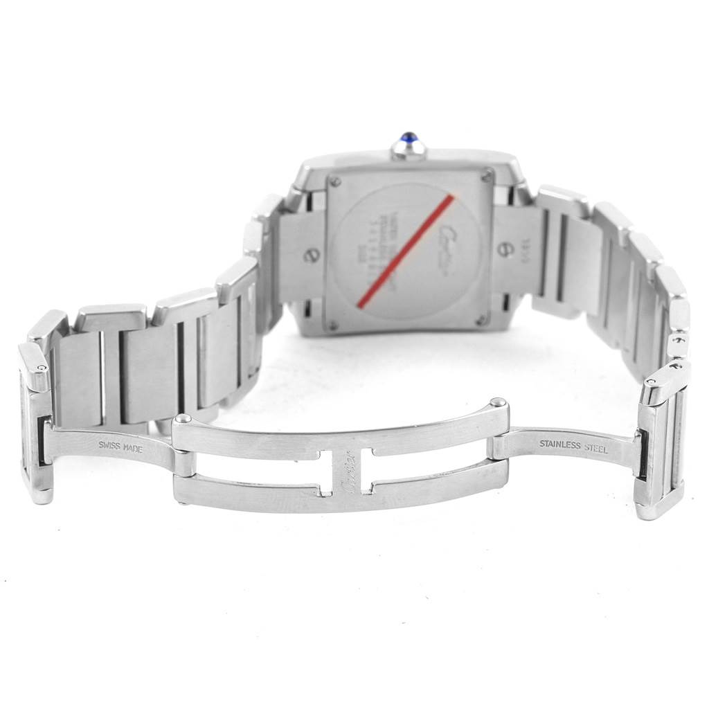 This image shows the back and clasp of a Cartier Tank Francaise W51011Q3 Women's Stainless Steel Silver Dial W51011Q3 Women's Stainless Steel Silver Dial watch, highlighting its stainless steel bracelet and closed deployment buckle.