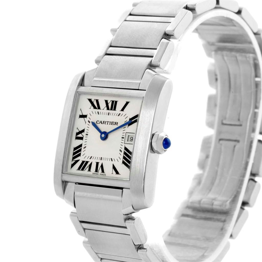 The Cartier Tank Francaise W51011Q3 Women's Stainless Steel Silver Dial W51011Q3 Women's Stainless Steel Silver Dial watch is shown at an angle highlighting the case, dial, bracelet, and crown.