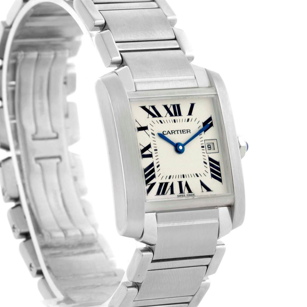 The image shows a Cartier Tank Francaise W51011Q3 Women's Stainless Steel Silver Dial W51011Q3 Women's Stainless Steel Silver Dial watch angled to highlight its face and stainless steel bracelet.
