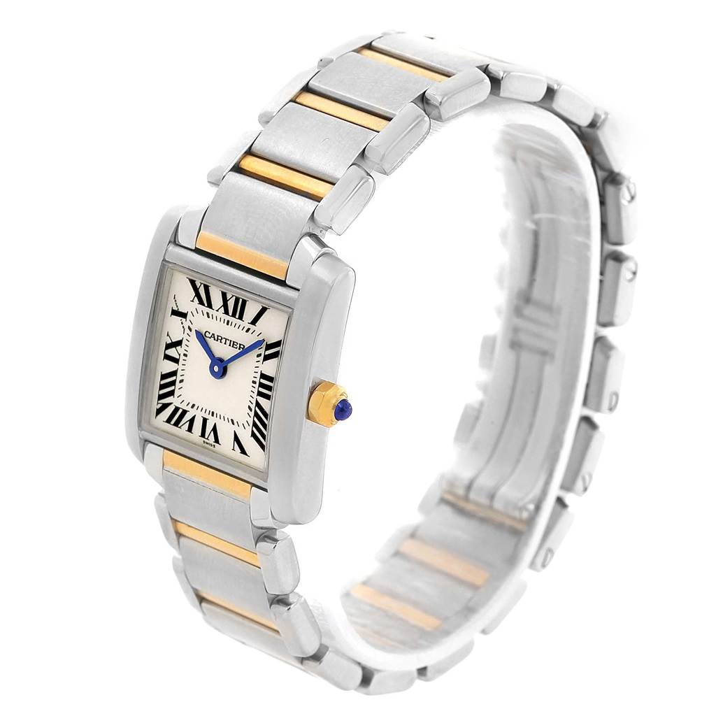 The image shows a side-angle view of the Cartier Tank Francaise W51007Q4 Women's Steel and Gold (two tone) Silver Dial W51007Q4 Women's Steel and Gold (two tone) Silver Dial watch, highlighting its face, dial, and metal bracelet.