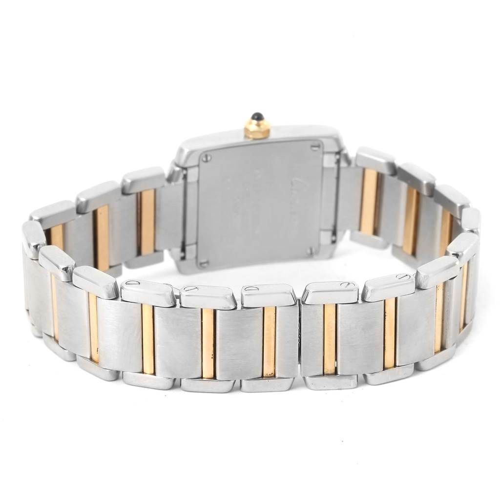 The image shows the back view of a Cartier Tank Francaise W51007Q4 Women's Steel and Gold (two tone) Silver Dial W51007Q4 Women's Steel and Gold (two tone) Silver Dial watch, highlighting the bracelet links and clasp.