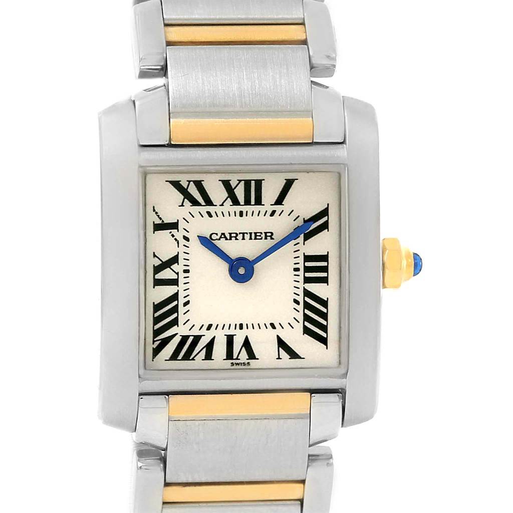 This image shows a frontal view of a Cartier Tank Francaise W51007Q4 Women's Steel and Gold (two tone) Silver Dial W51007Q4 Women's Steel and Gold (two tone) Silver Dial watch, highlighting the face, bezel, and partial bracelet.