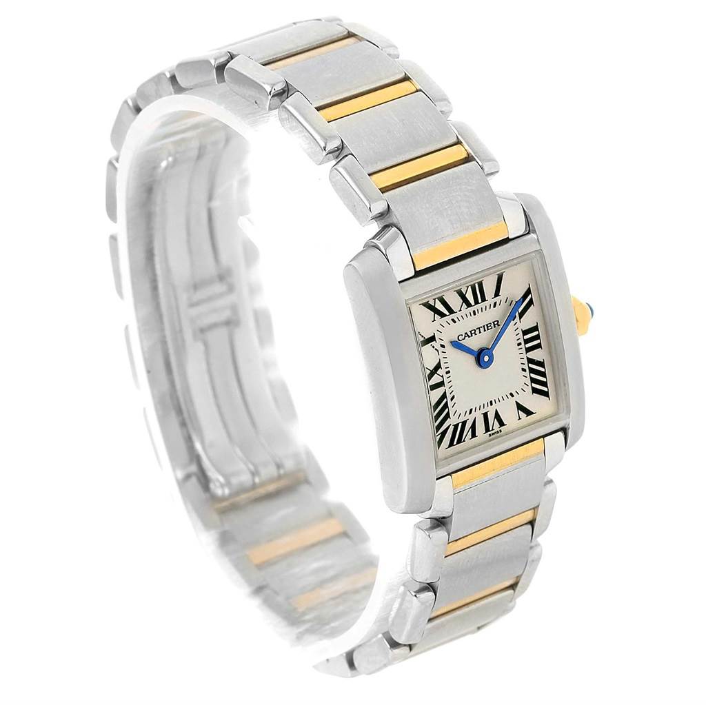 The image shows a Cartier Tank Francaise W51007Q4 Women's Steel and Gold (two tone) Silver Dial W51007Q4 Women's Steel and Gold (two tone) Silver Dial watch from an angled side view, highlighting its rectangular face and metal bracelet.