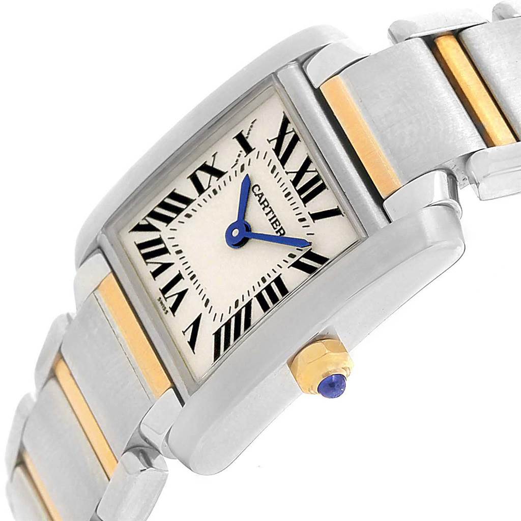 The Cartier Tank Francaise W51007Q4 Women's Steel and Gold (two tone) Silver Dial W51007Q4 Women's Steel and Gold (two tone) Silver Dial watch is shown from an angled side view, highlighting the face, crown, and part of the band.