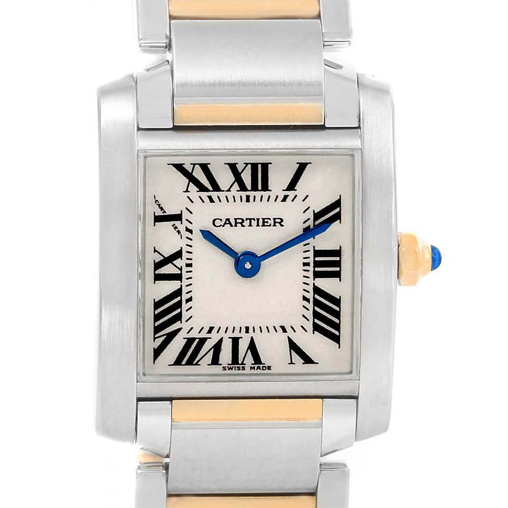 The image shows a frontal view of a Cartier Tank Française watch, highlighting the square face and part of the bracelet.