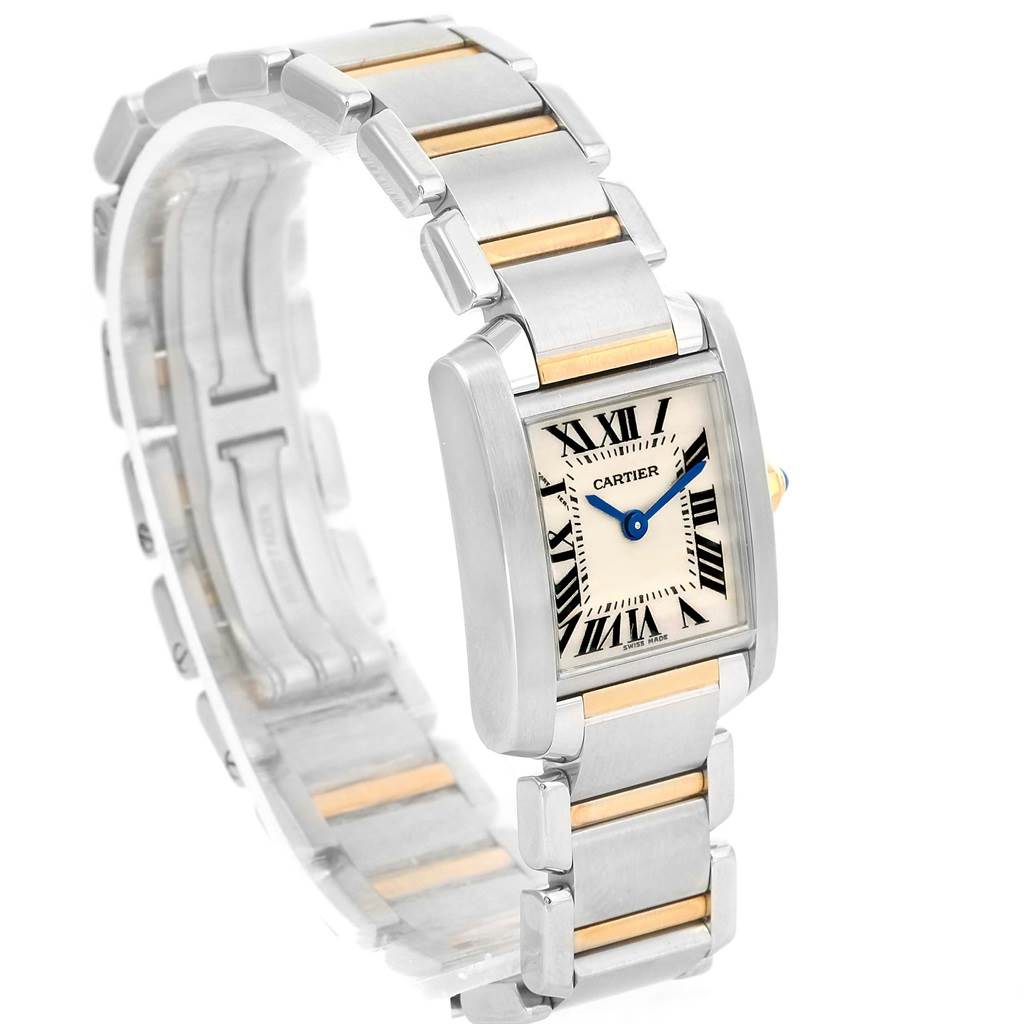 The Cartier Tank Francaise W51007Q4 Women's Steel and Gold (two tone) Silver Dial W51007Q4 Women's Steel and Gold (two tone) Silver Dial watch is shown in a 3/4 angle, displaying the face, bracelet, and part of the clasp.