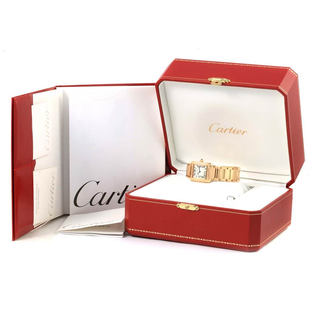 The image shows a Cartier Tank Francaise W50002N2 Women's Yellow Gold Silver Dial W50002N2 Women's Yellow Gold Silver Dial watch placed in an open red Cartier box with accompanying booklets.