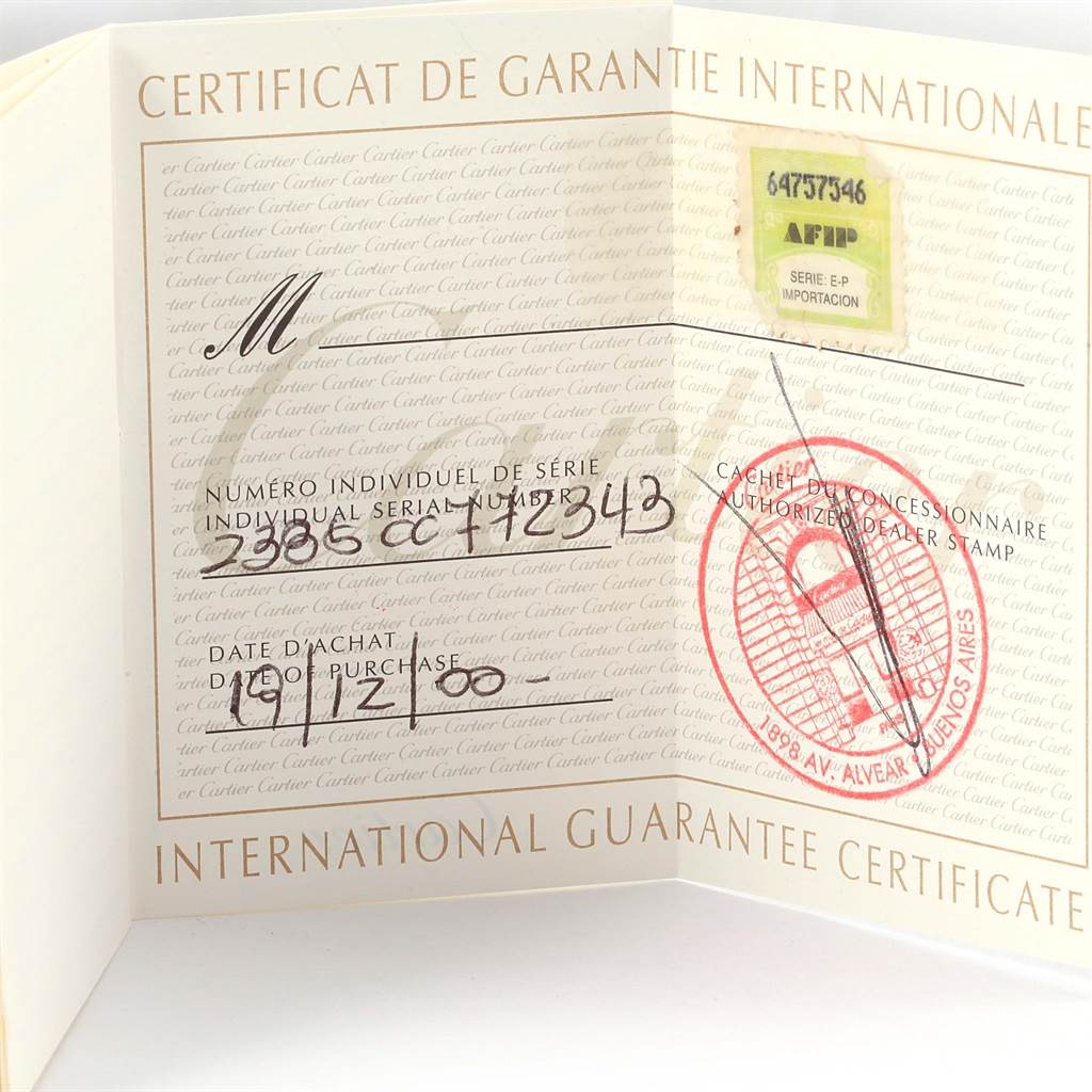 This image shows the International Guarantee Certificate for the Cartier Tank Francaise W50002N2 Women's Yellow Gold Silver Dial W50002N2 Women's Yellow Gold Silver Dial model.