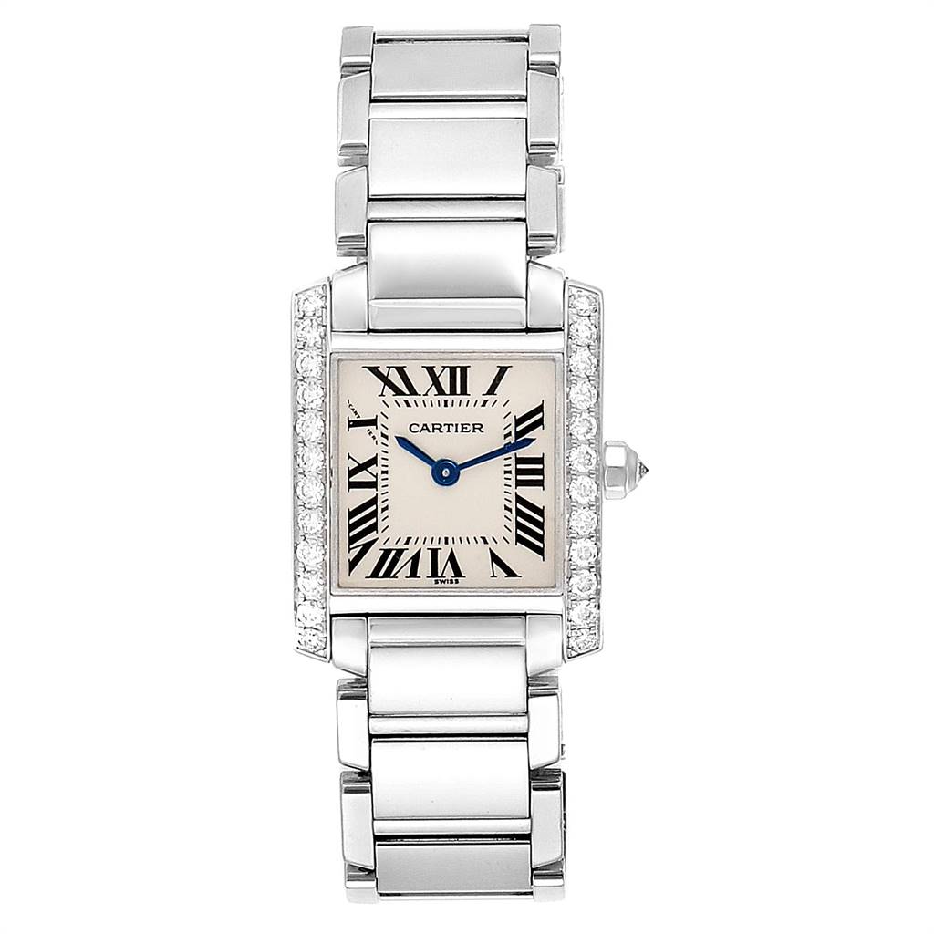 The image shows a front view of the Cartier Tank Francaise WE1002S3 Women's White Gold Silver Dial WE1002S3 Women's White Gold Silver Dial watch, highlighting its rectangular face, Roman numerals, and metal bracelet.