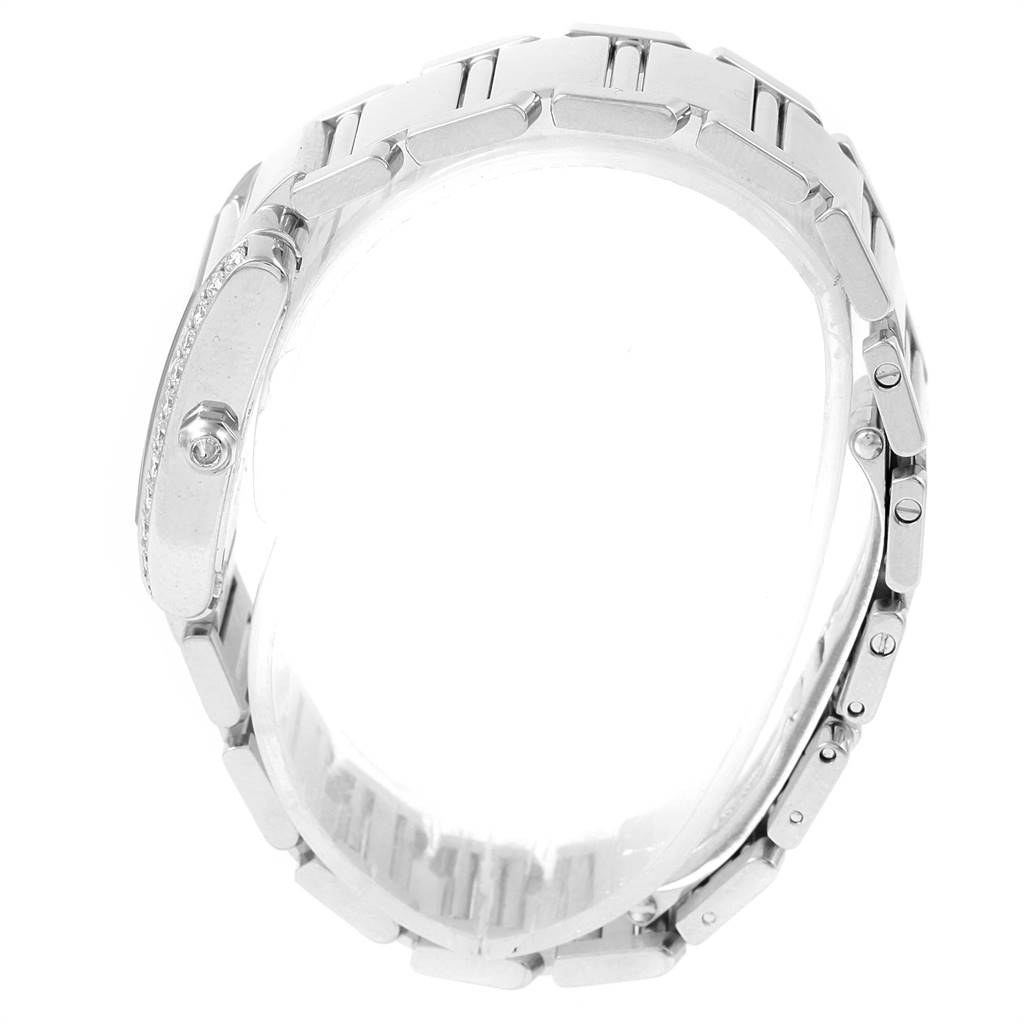 The image shows a side angle of the band and case of a Cartier Tank Française watch.