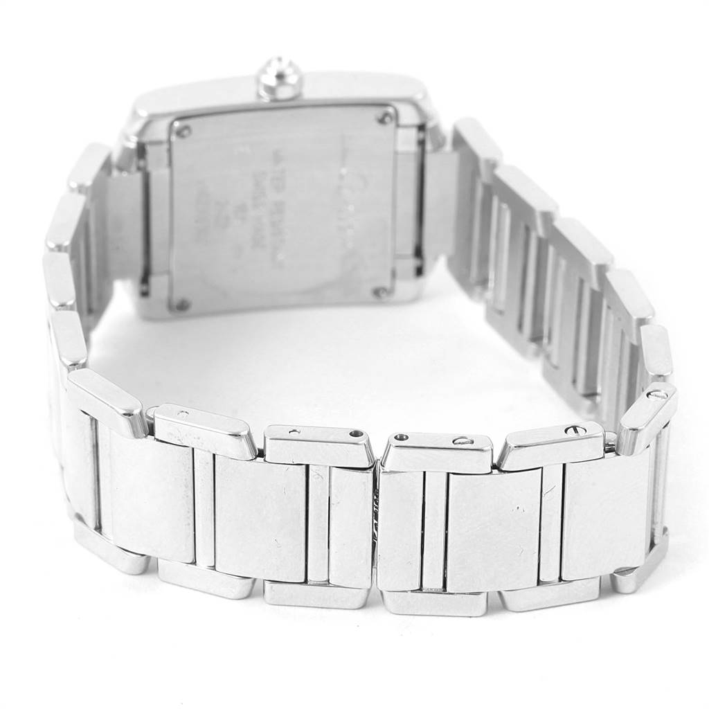 The image shows the back angle of a Cartier Tank Francaise WE1002S3 Women's White Gold Silver Dial WE1002S3 Women's White Gold Silver Dial watch, focusing on the bracelet and case back.