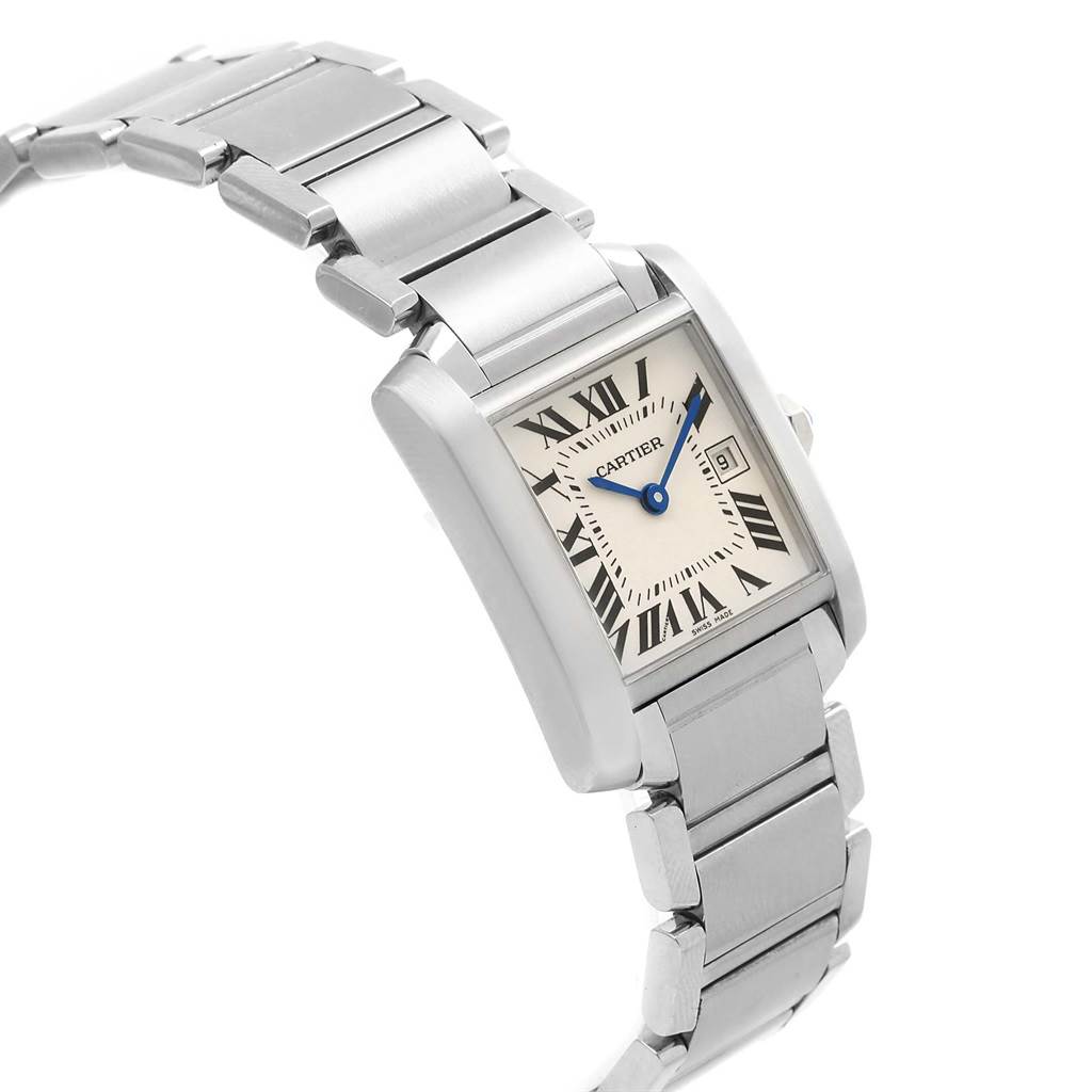 The Cartier Tank Francaise W51011Q3 Women's Stainless Steel Silver Dial W51011Q3 Women's Stainless Steel Silver Dial watch is shown at an oblique angle, highlighting the face with Roman numerals, bezel, and metal bracelet.