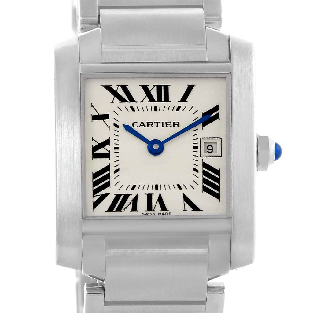 This image shows a frontal view of the dial, bezel, crown, and part of the bracelet of the Cartier Tank Française watch.
