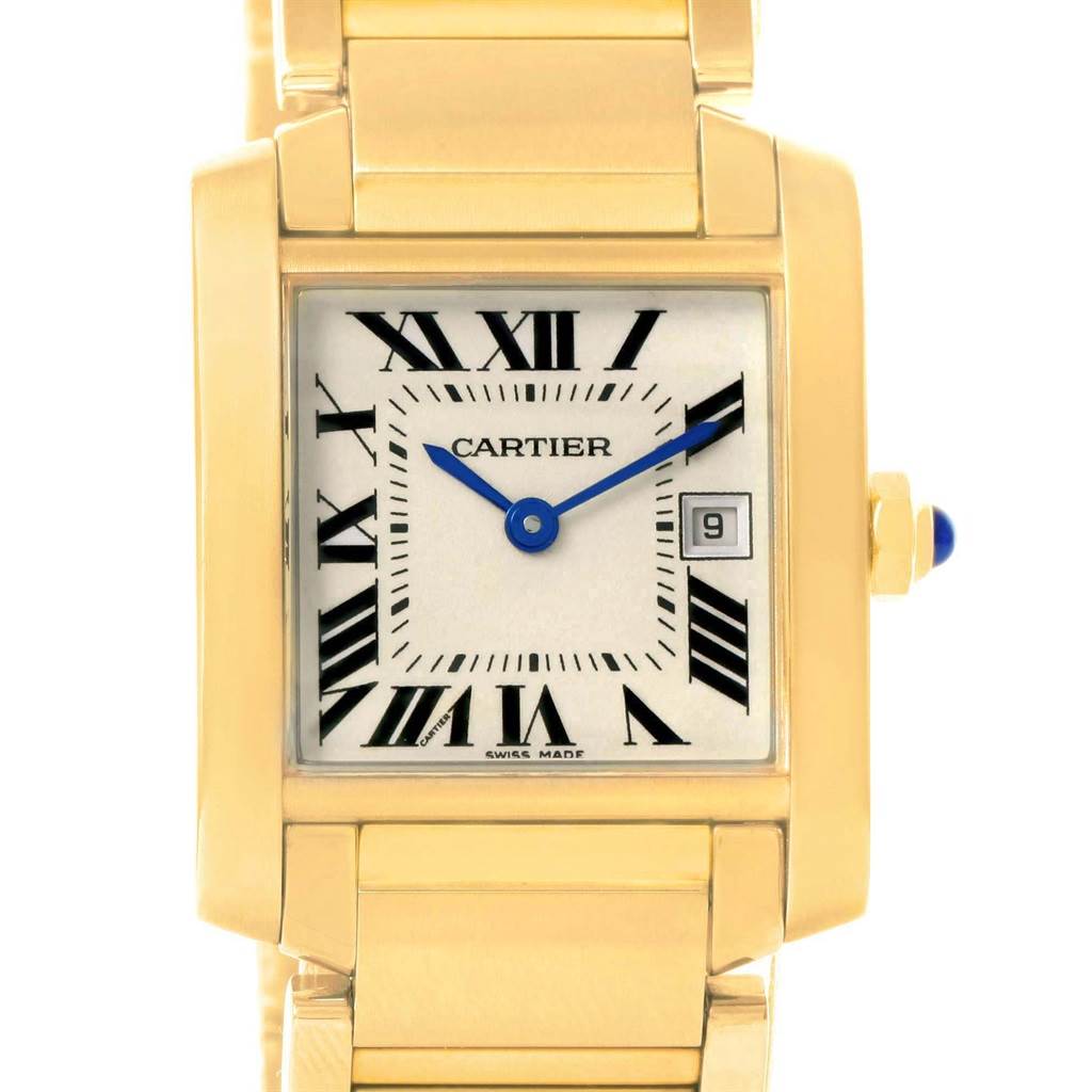 The image displays a front view of the Cartier Tank Française watch, showcasing its dial, bracelet, and crown.