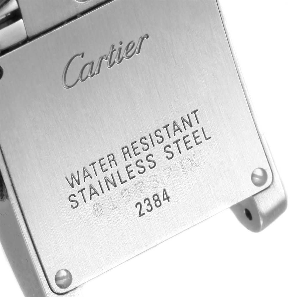 This image shows the back case of a Cartier Tank Francaise W51028Q3 Women's Stainless Steel Mother of Pearl Dial W51028Q3 Women's Stainless Steel Mother of Pearl Dial watch displaying the brand, model, and water resistance details.