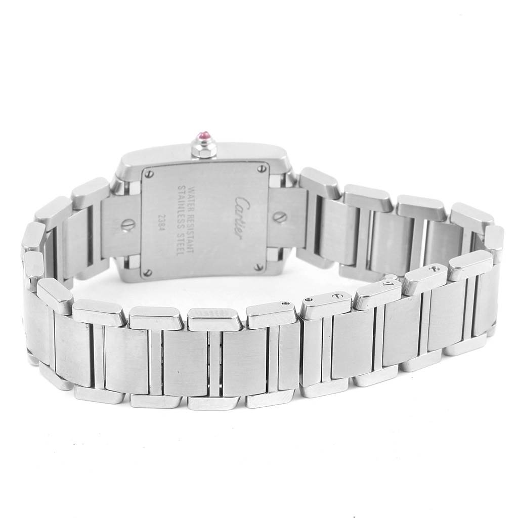 The image shows the back of the Cartier Tank Francaise W51028Q3 Women's Stainless Steel Mother of Pearl Dial W51028Q3 Women's Stainless Steel Mother of Pearl Dial watch, highlighting its stainless steel bracelet and case back.