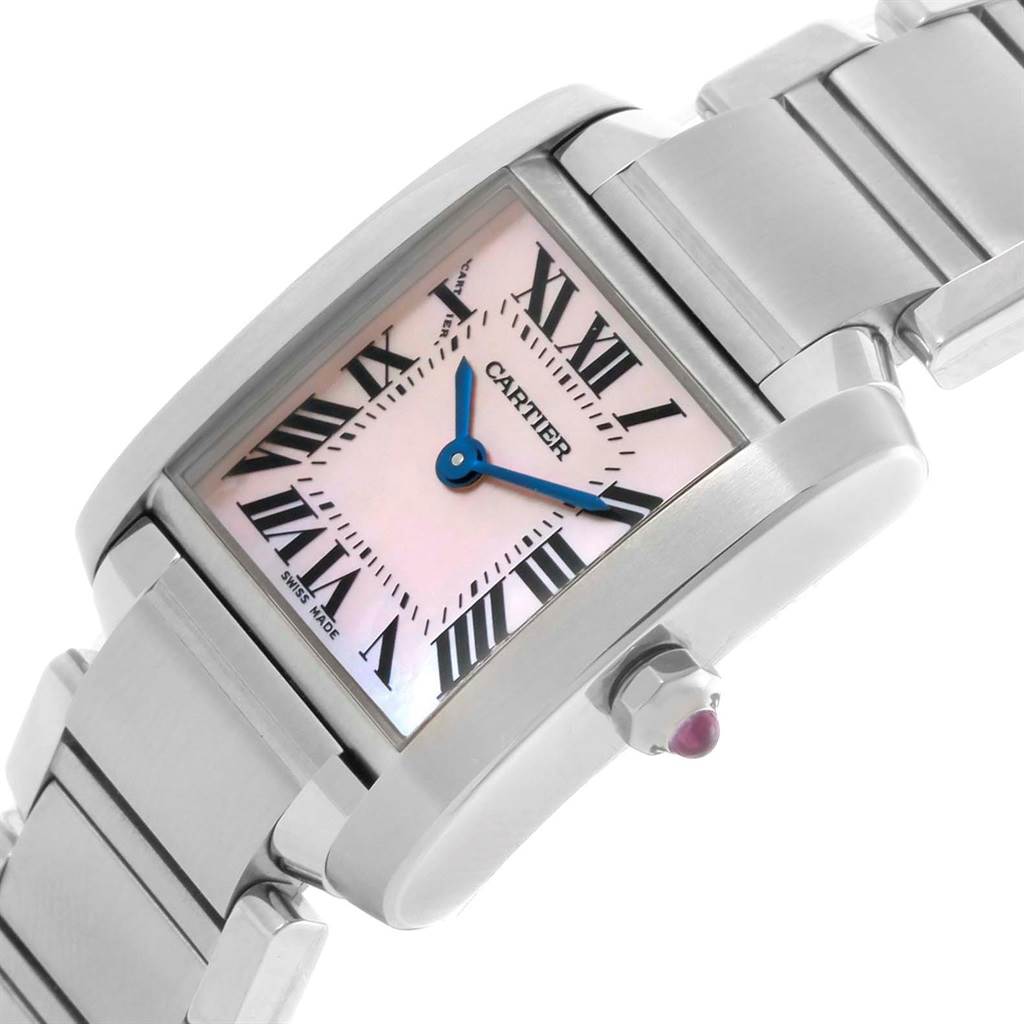 The image shows a Tank Française watch by Cartier from an angled side view, highlighting the face, bezel, and part of the bracelet.