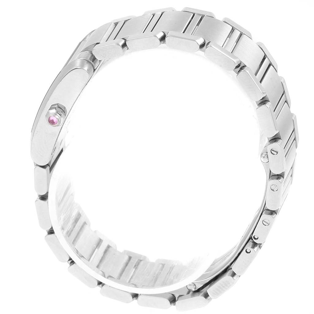 The image shows a side view of the stainless steel bracelet and clasp of a Cartier Tank Française watch.