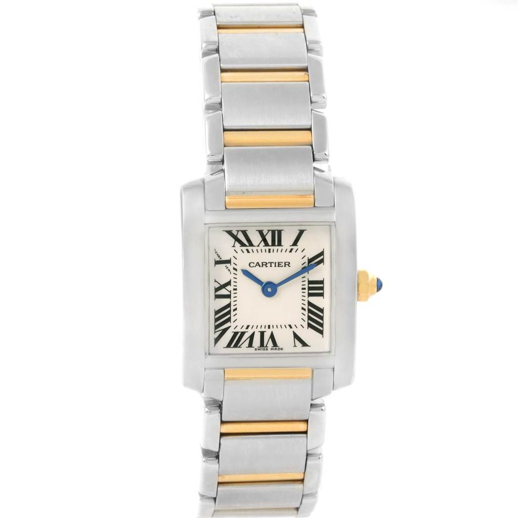The image shows a front view of a Cartier Tank Française watch, displaying the face, bracelet, and crown.