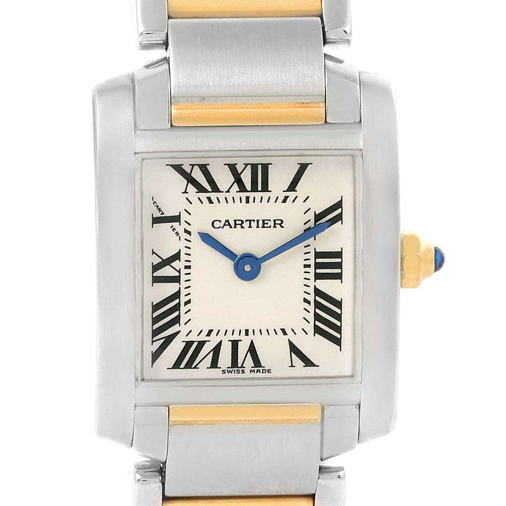 The image shows a front view of a Cartier Tank Francaise W51007Q4 Women's Steel and Gold (two tone) Silver Dial W51007Q4 Women's Steel and Gold (two tone) Silver Dial watch, highlighting its rectangular face, Roman numerals, and metal bracelet.
