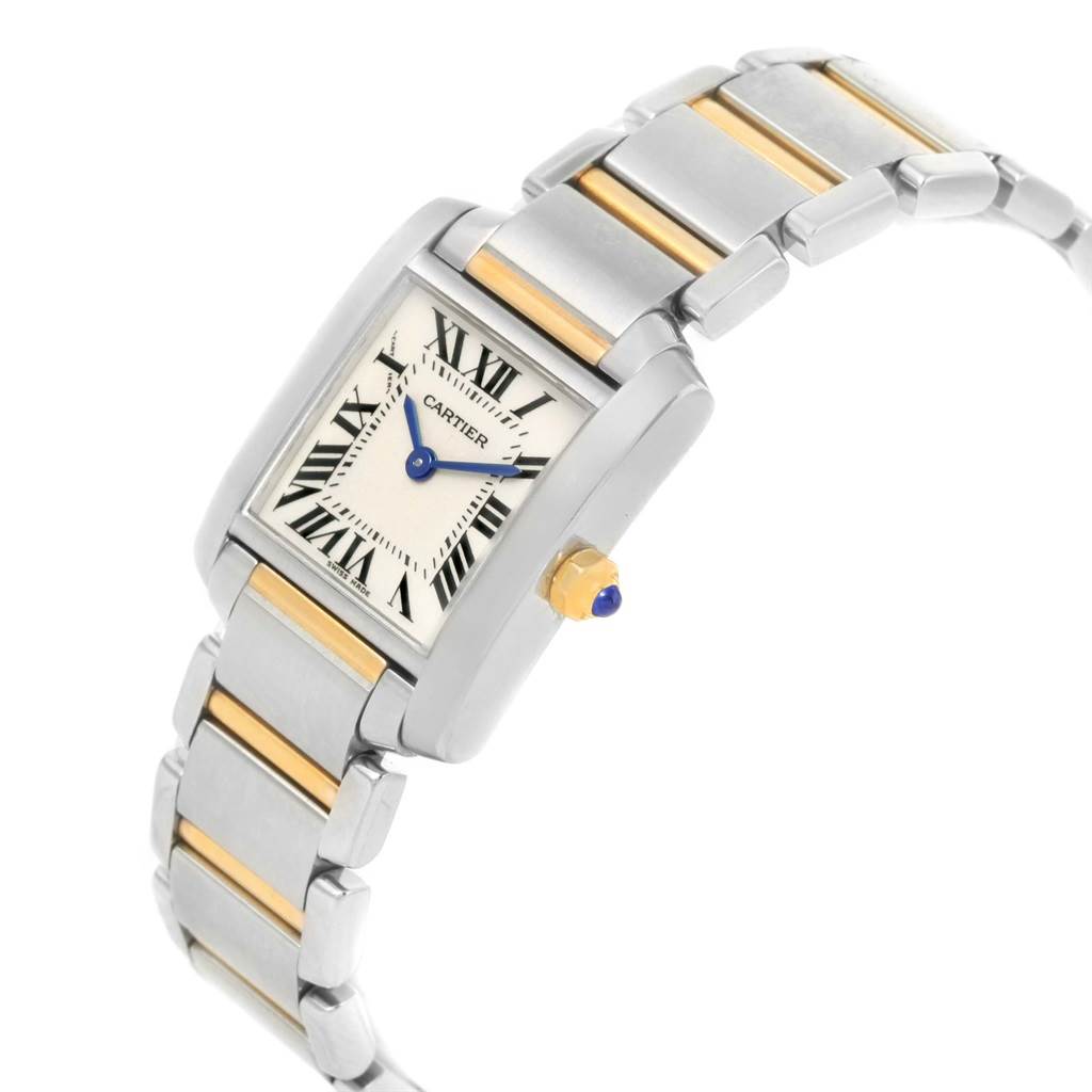 The image shows a Cartier Tank Francaise W51007Q4 Women's Steel and Gold (two tone) Silver Dial W51007Q4 Women's Steel and Gold (two tone) Silver Dial watch at an angled view, highlighting its face, band, and crown.