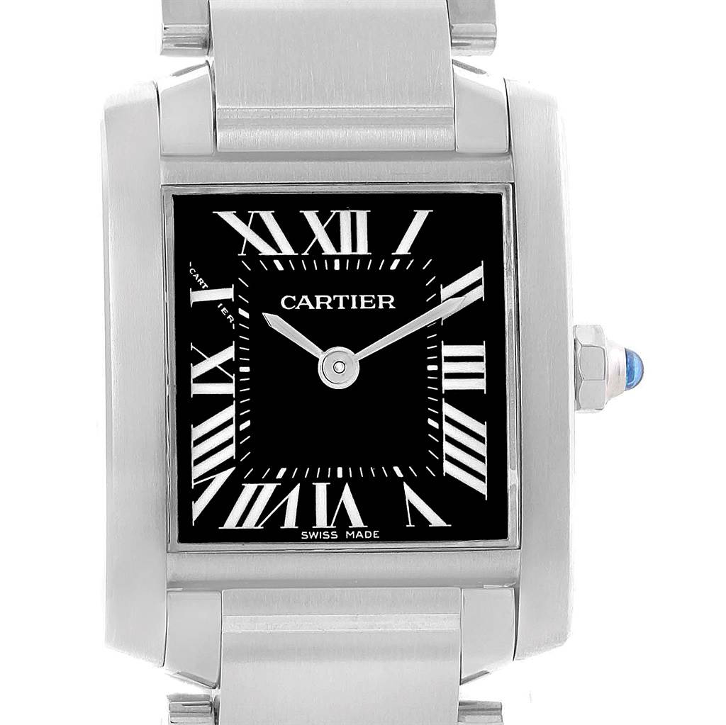 This is a front view of the Cartier Tank Francaise W51026Q3 Women's Stainless Steel Black Dial W51026Q3 Women's Stainless Steel Black Dial watch, featuring its face, Roman numerals, and part of the bracelet.