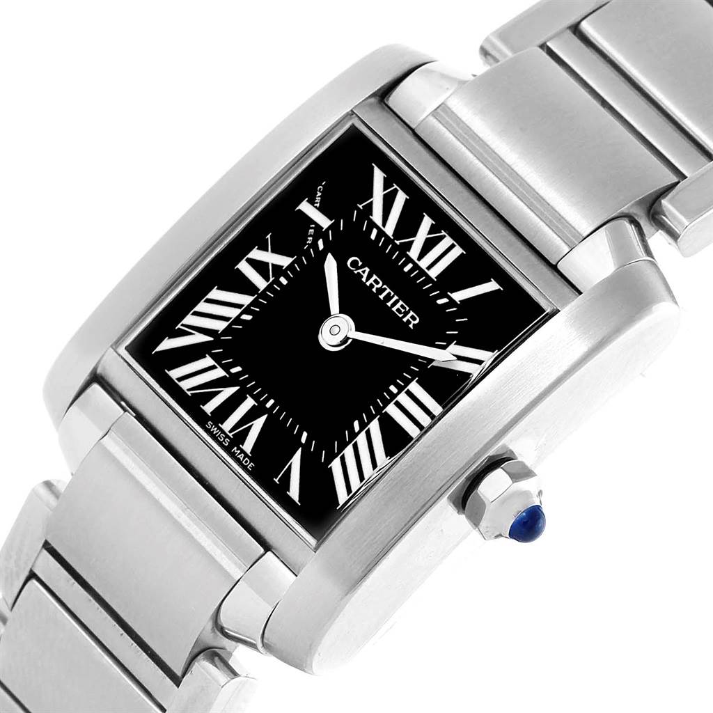 The Cartier Tank Francaise W51026Q3 Women's Stainless Steel Black Dial W51026Q3 Women's Stainless Steel Black Dial watch is shown at an angled view, displaying the face, bracelet, and crown with a blue cabochon.